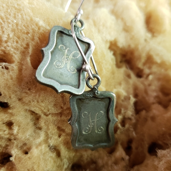 H Initial Engraved Antiqued Silver Dangle Earrings - Picture 3 of 6